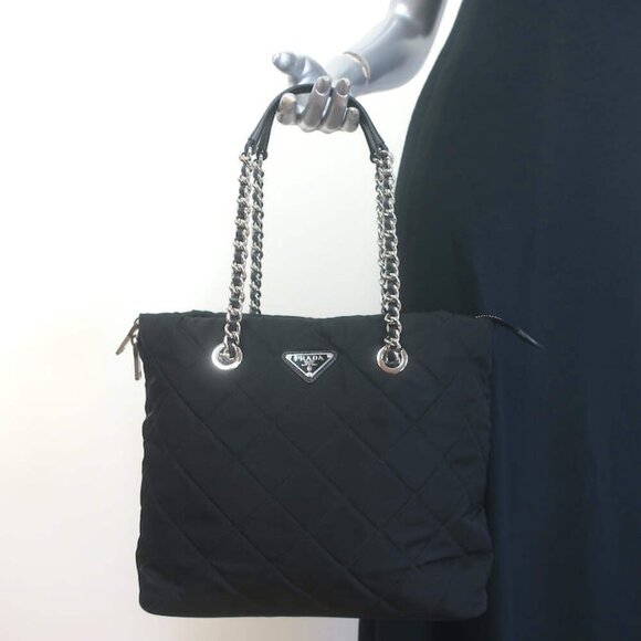 Prada Quilted Tessuto Nylon Impuntu Chain Strap Tote Black Large Shoulder Bag - Picture 1 of 16